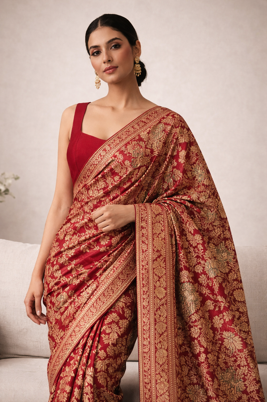 Classic Red Floral Brocade Saree