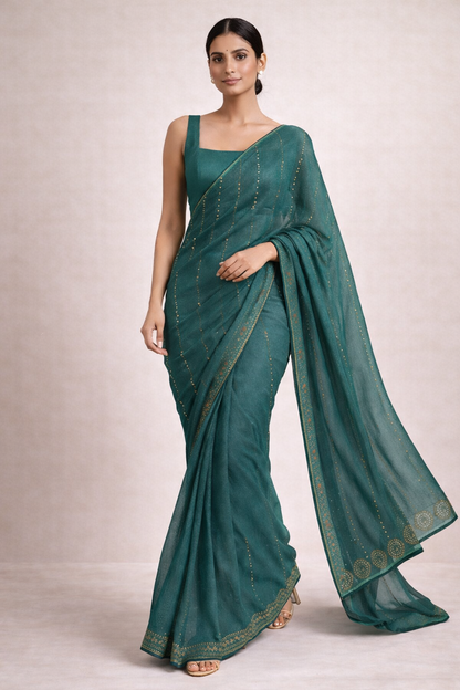 Emerald Teal Hand-Embellished Saree