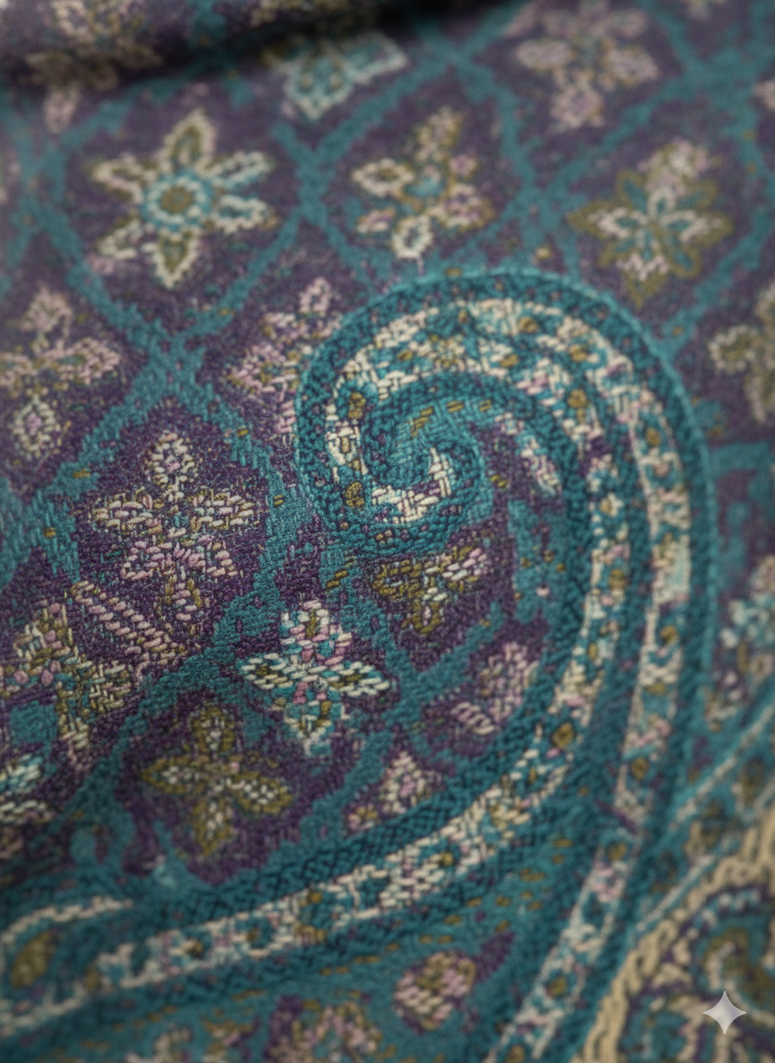 Teal &amp; Dusty Blue Kashmiri-Style Shawl with Intricate Paisley Weave
