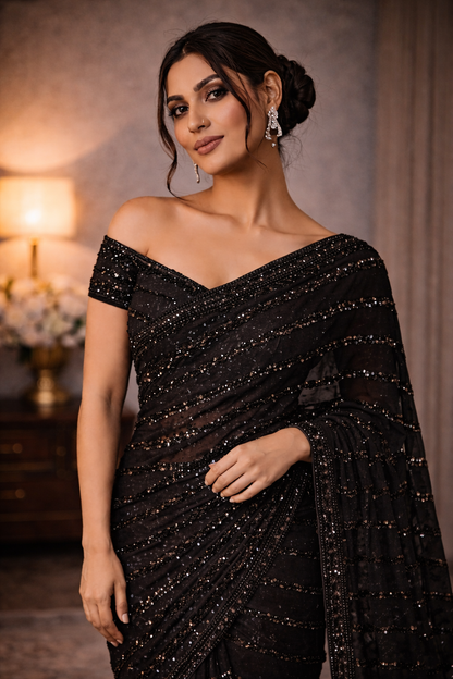 Midnight Noir Sequin Net Saree