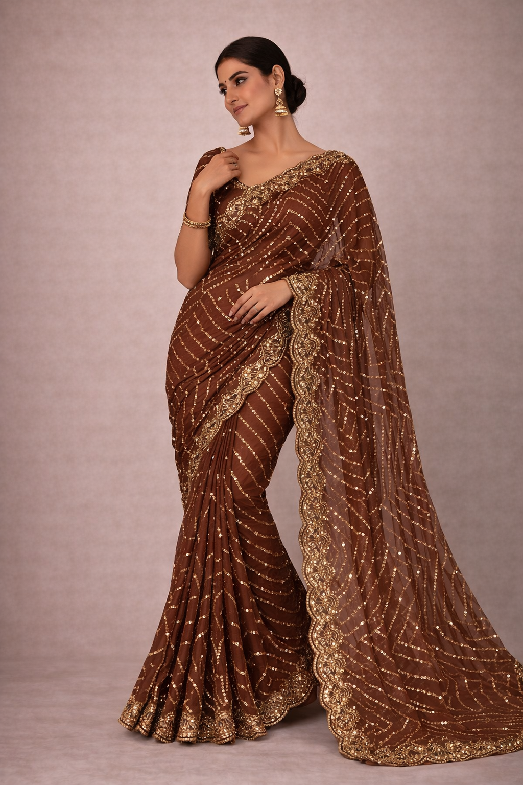 Chocolate Brown Sequin Designer Net Saree