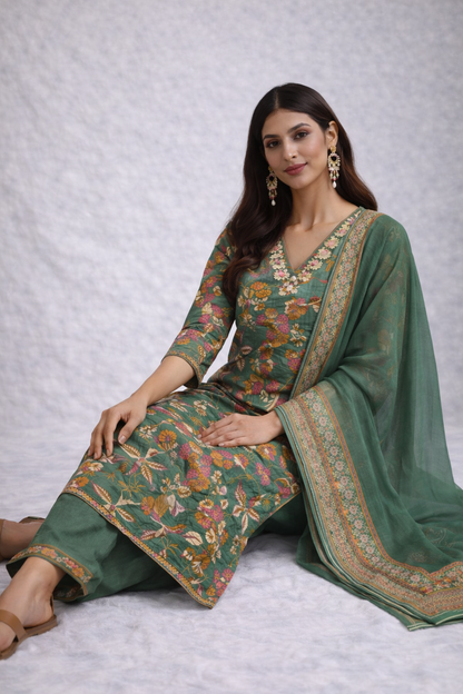 Green Printed Suit Set with Dupatta