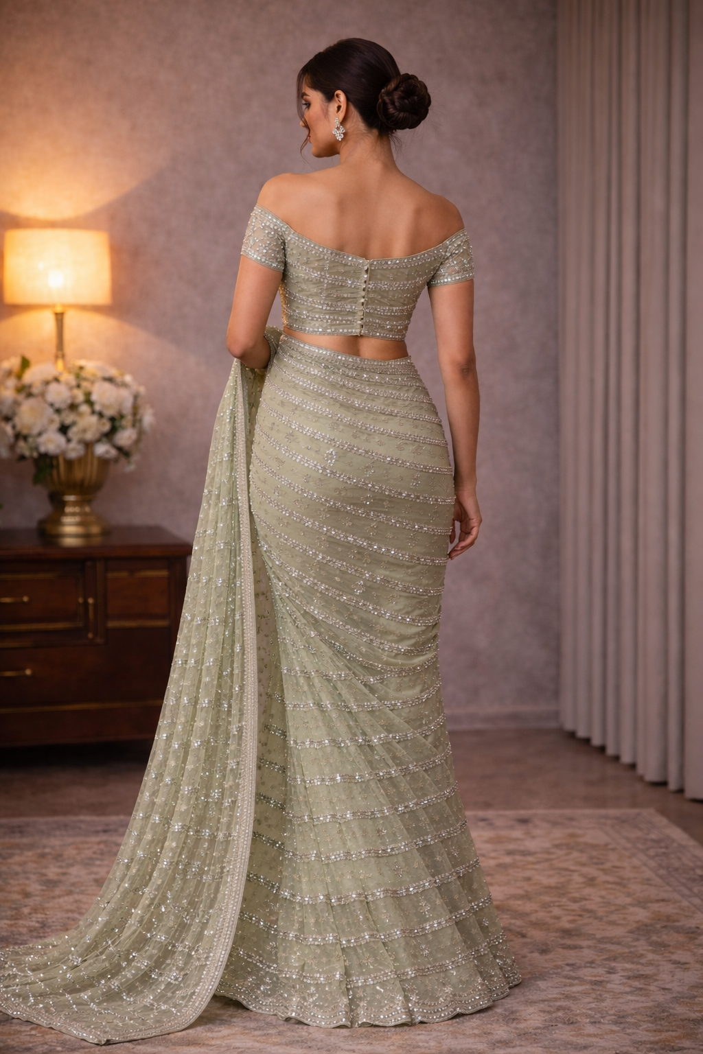 Sage Green Sequin Saree with Embellished Blouse