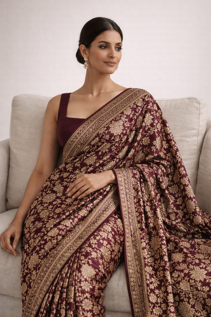 Wine Red Floral Brocade Saree