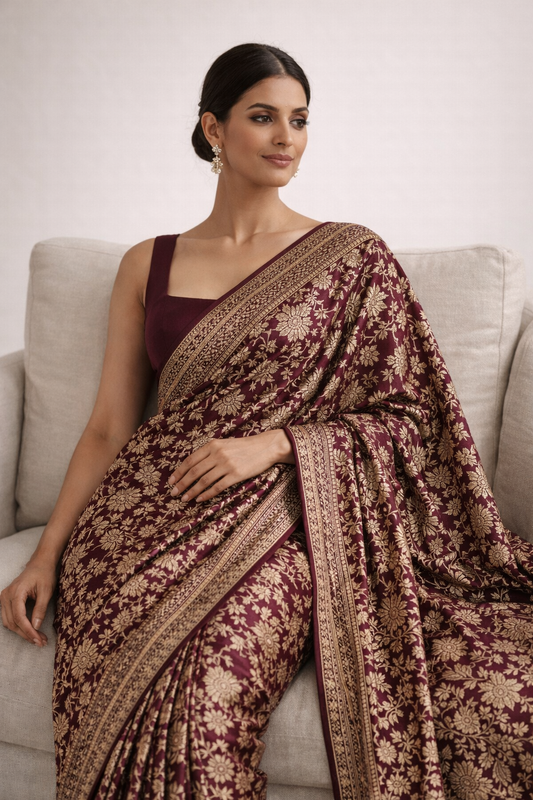 Wine Red Floral Brocade Saree