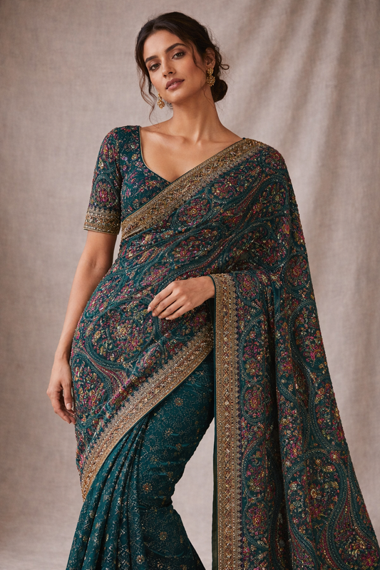 Teal Hand-Embroidered Saree with Multicolour Motifs