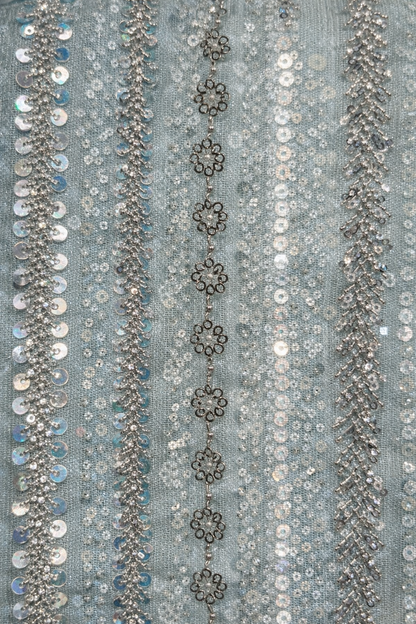 Powder Blue Hand-Embellished Net Saree with Attached Unstitched Blouse