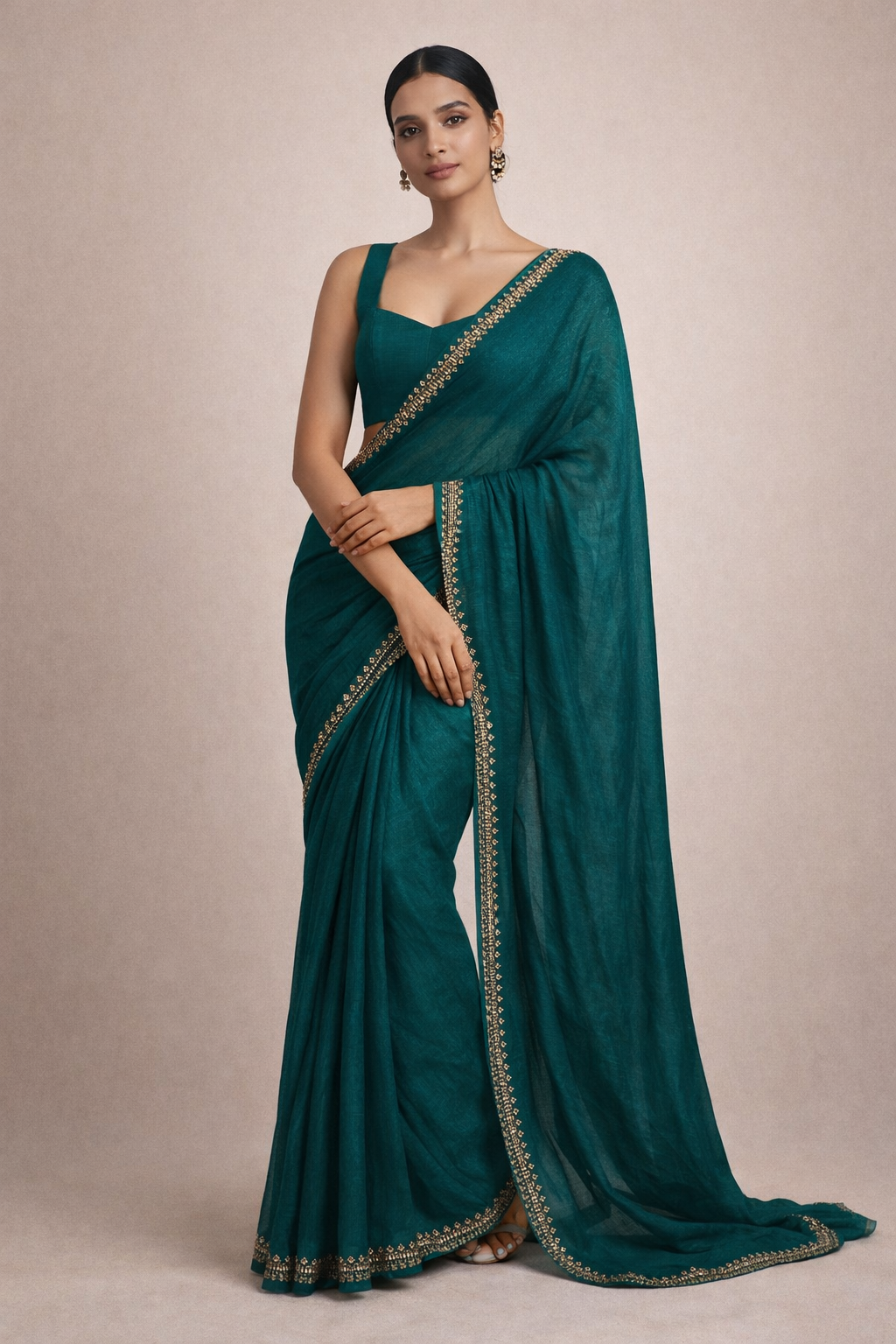 Teal Green Hand-Embellished Saree