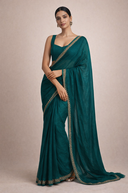 Teal Green Hand-Embellished Saree