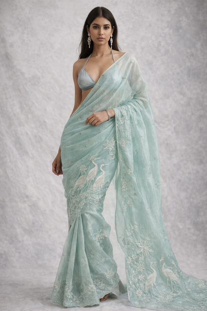 Baby Blue Embroidered Organza Saree