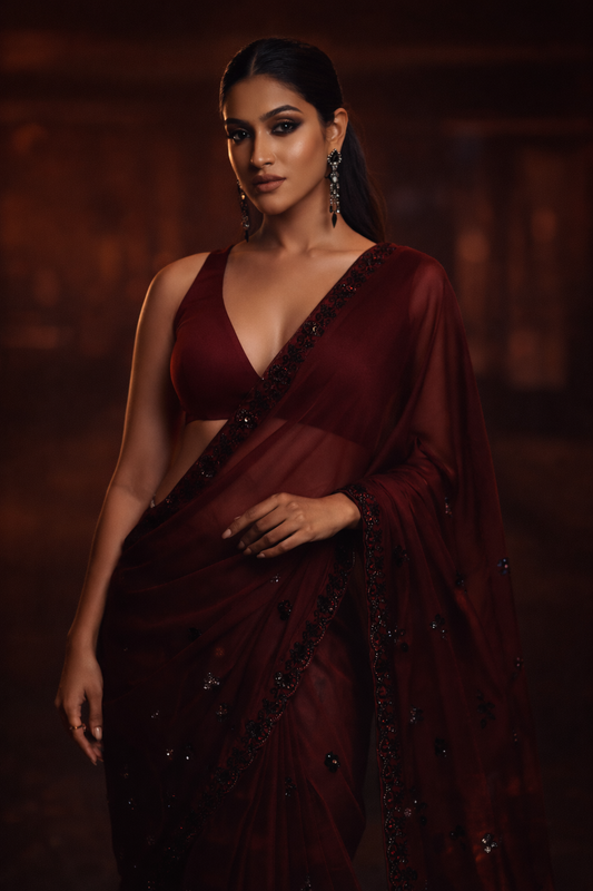 Deep Wine Georgette Saree with Hand-Embellished Border