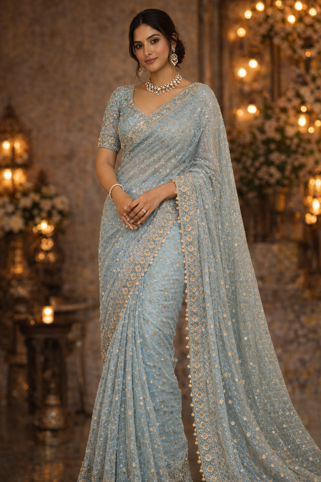 Baby Blue Embellished Net Saree