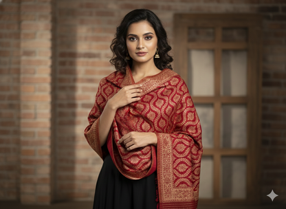Deep Red Kashmiri-Style Woolen Shawl with Gold Woven Motifs