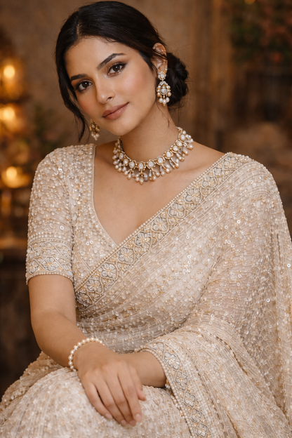 Ivory Hand-Embellished Net Saree