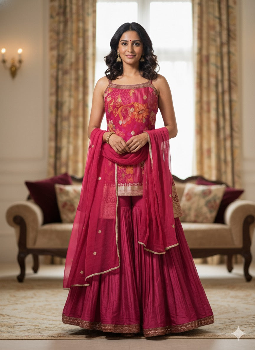 Pink Brocade Kurti &amp; Flared Sharara Set