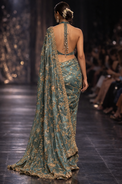 Celeste Teal Embroidered Net Saree