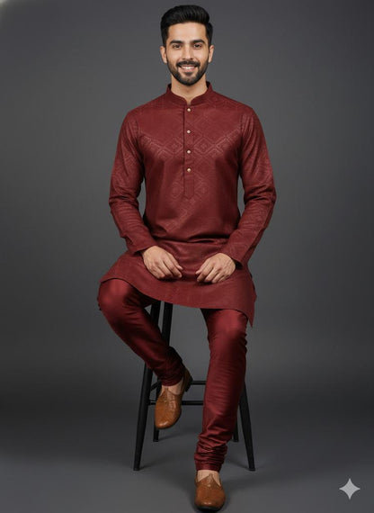 Majestic Maroon Geometric Weave Jacquard Kurta Set