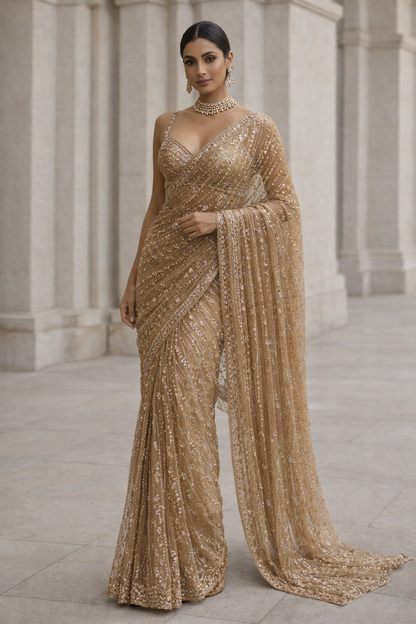 Champagne Gold Sequin Saree Set
