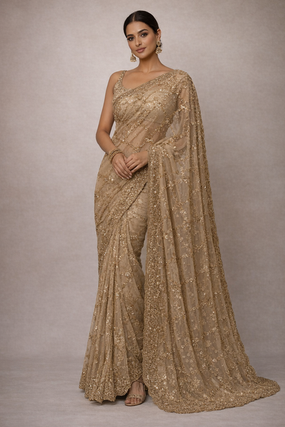 Golden Champagne Sequin Net Saree