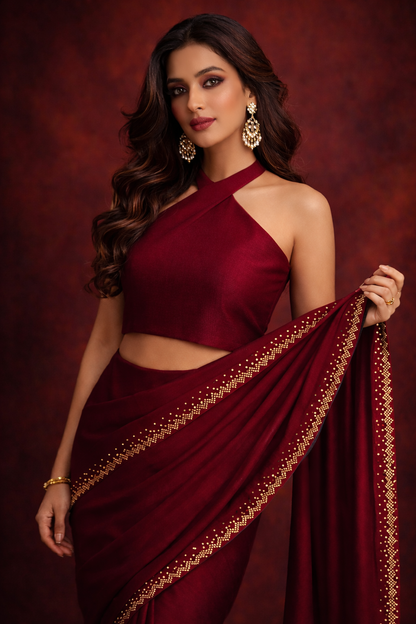 Wine Red Satin Saree with Gold Embellished Border