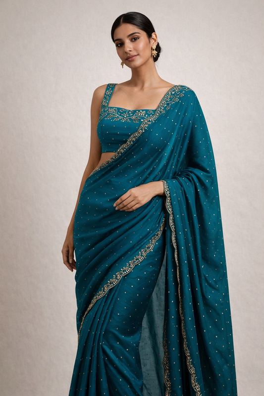Teal Blue Hand-Embellished Saree Set