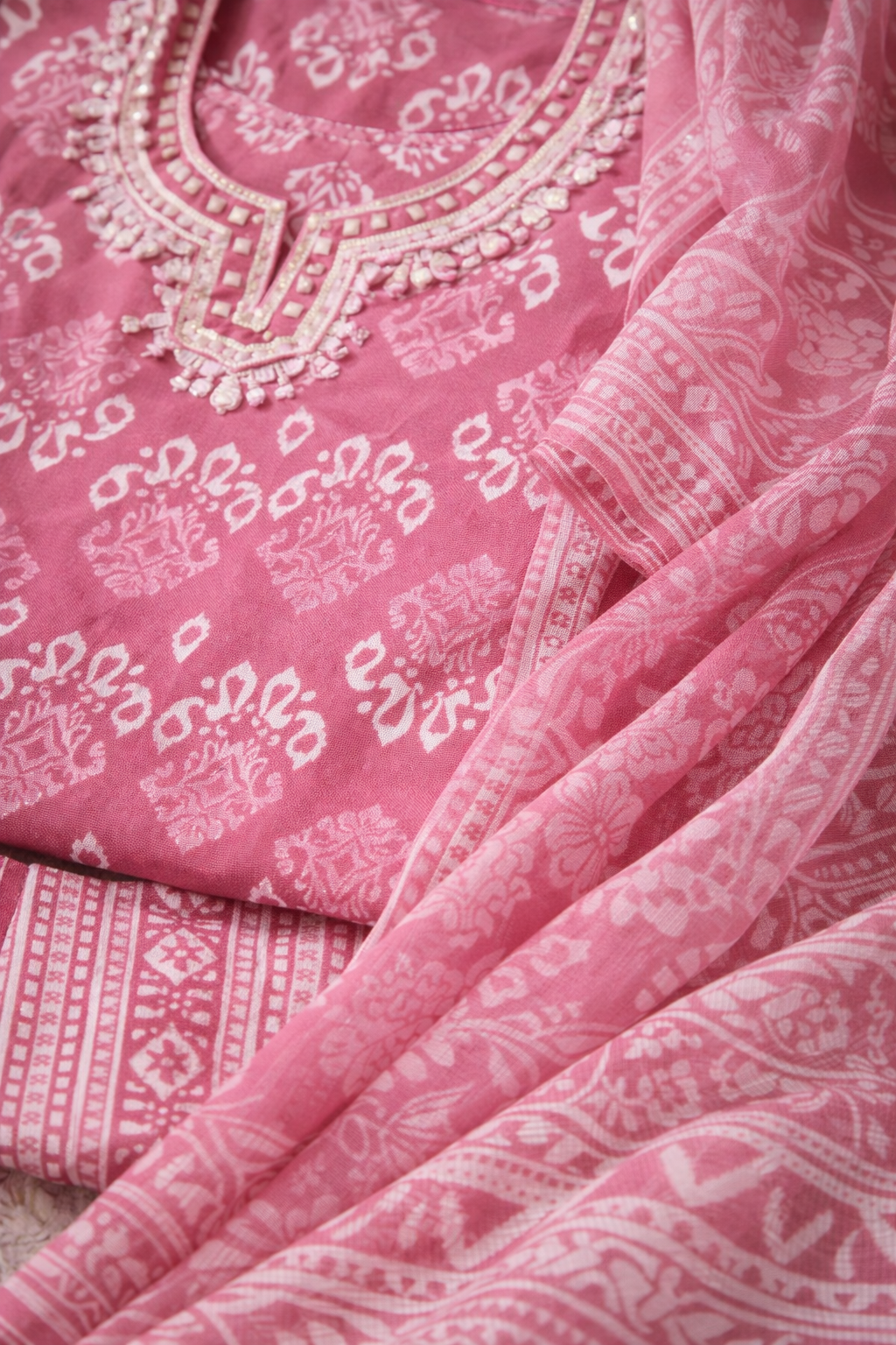 Pink Handblock Print Suit Set with Dupatta