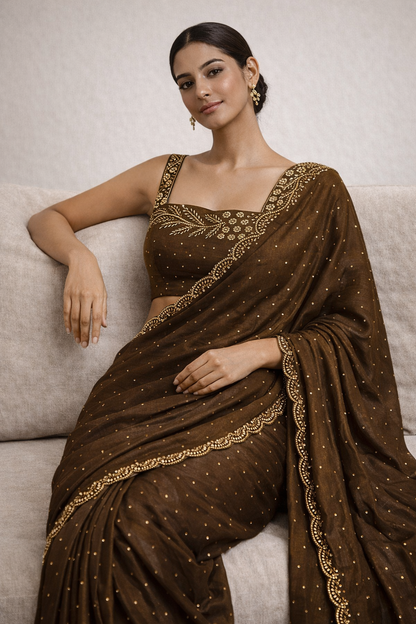 Cocoa Brown Hand-Embellished Saree