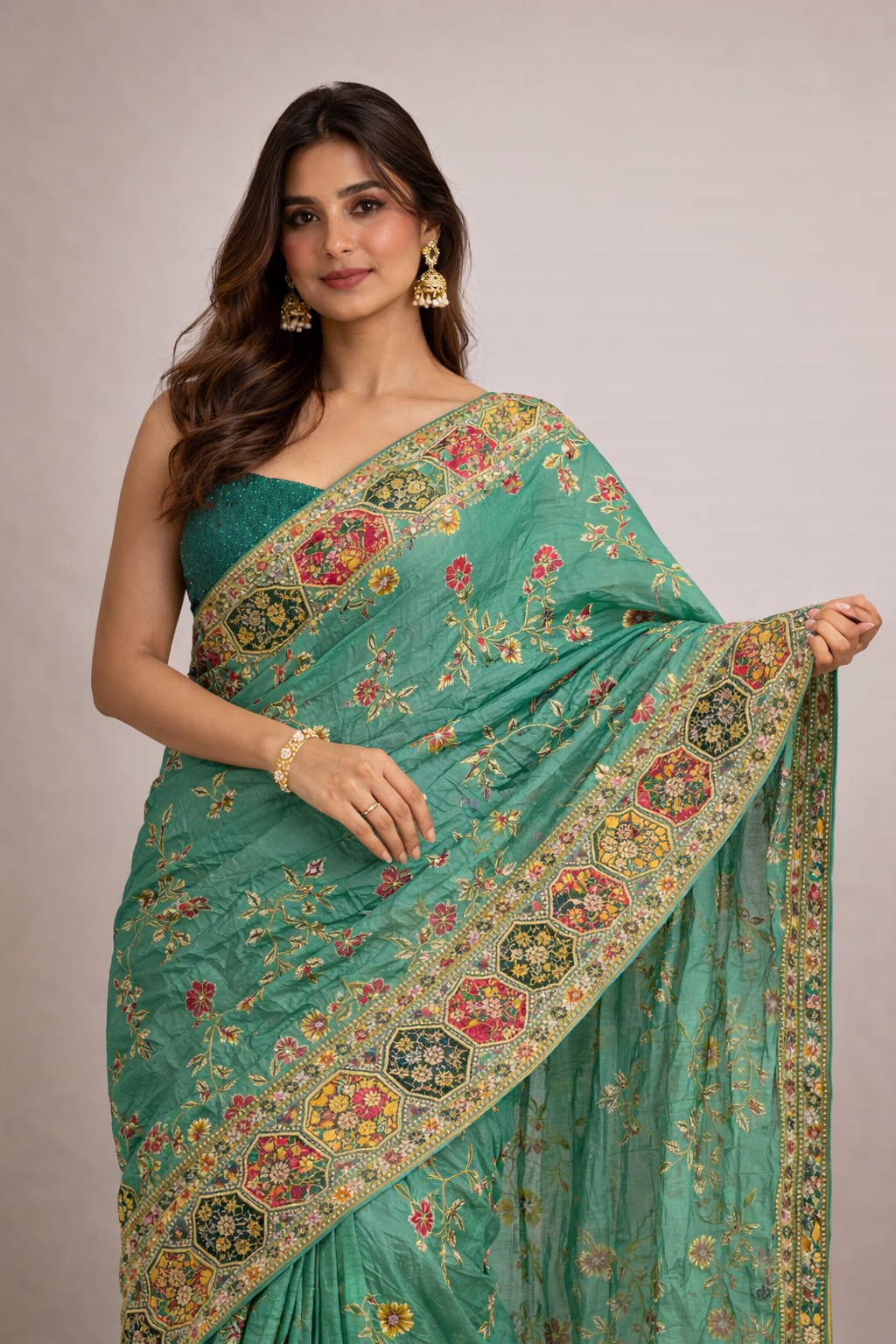 Teal Green Hand-Embellished Saree