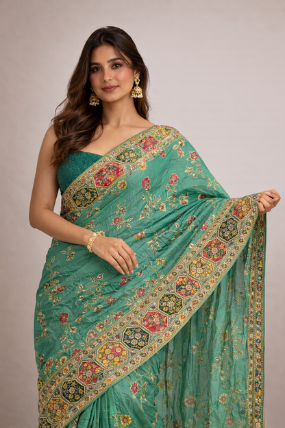 Teal Green Hand-Embellished Saree