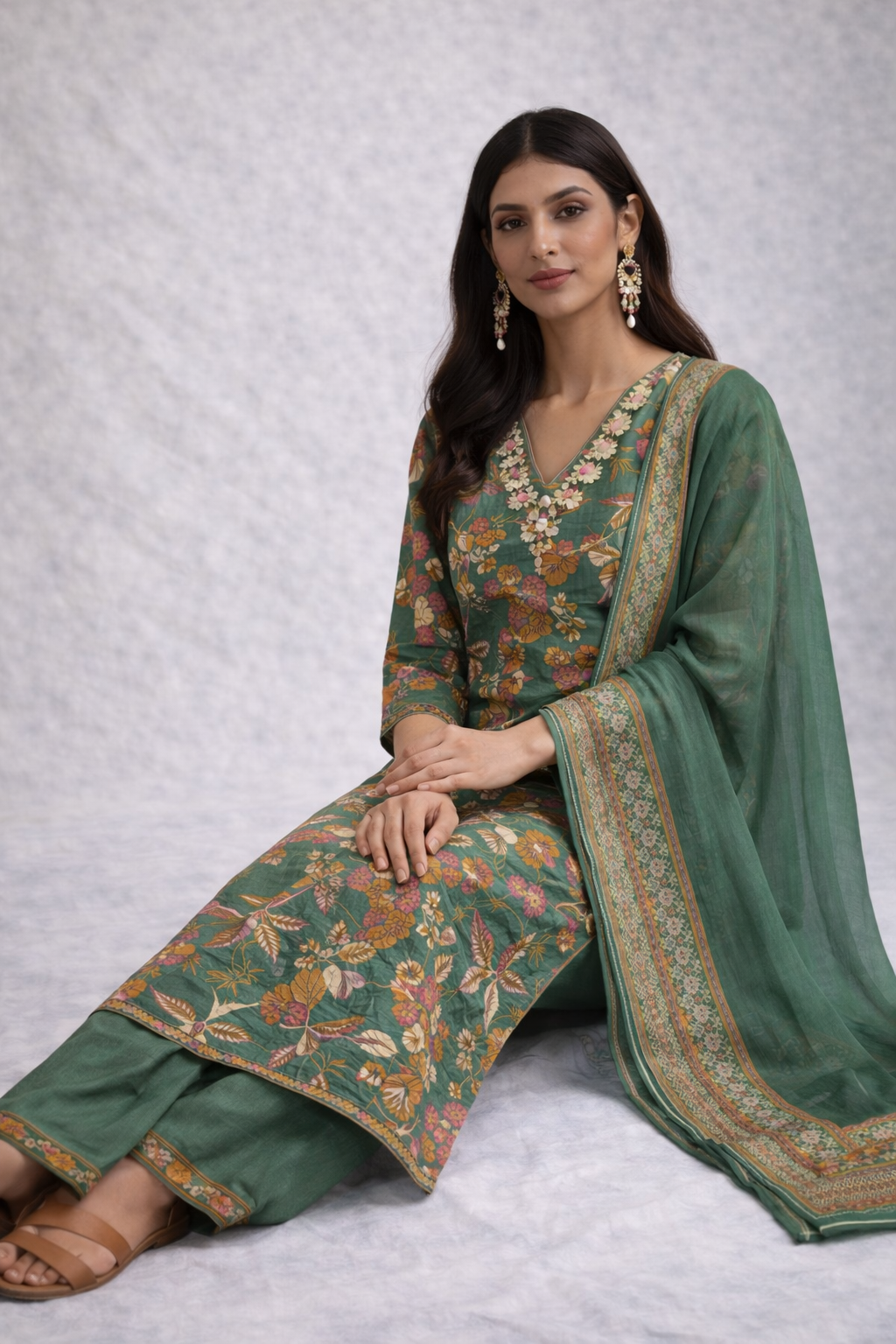Green Printed Suit Set with Dupatta