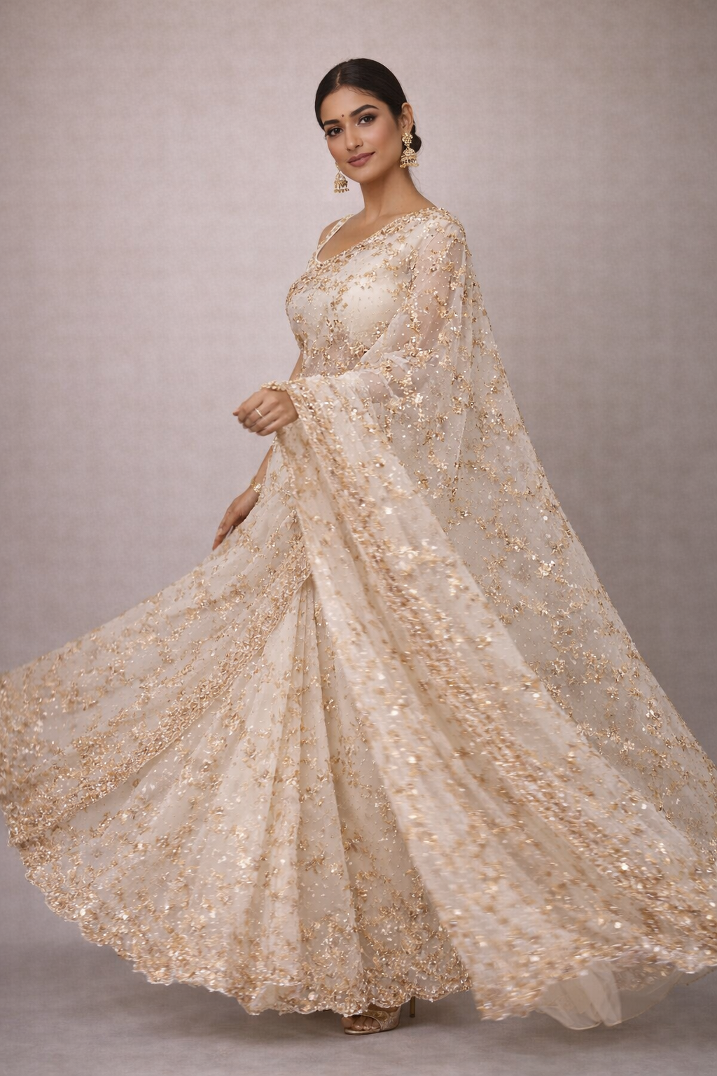 Ivory Gold Sequin Saree