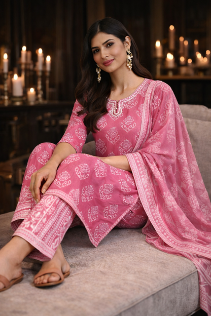 Pink Handblock Print Suit Set with Dupatta