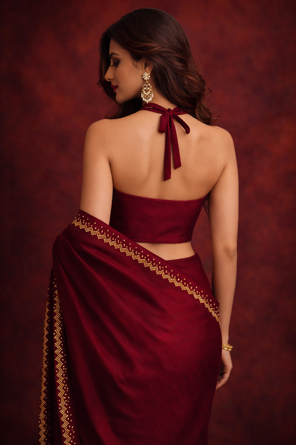 Wine Red Satin Saree with Gold Embellished Border