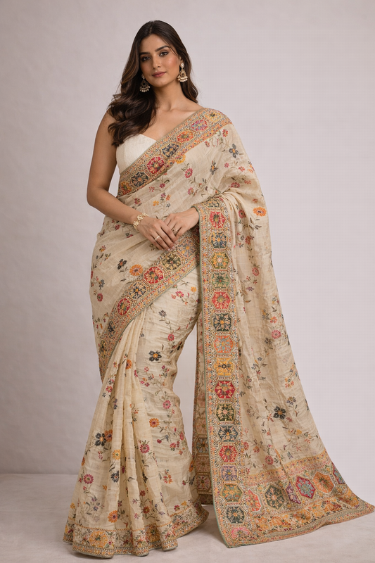 Ivory Floral Embroidered Saree