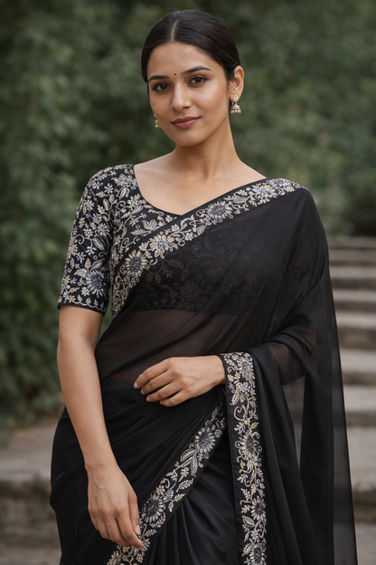Midnight Noir Embroidered Saree