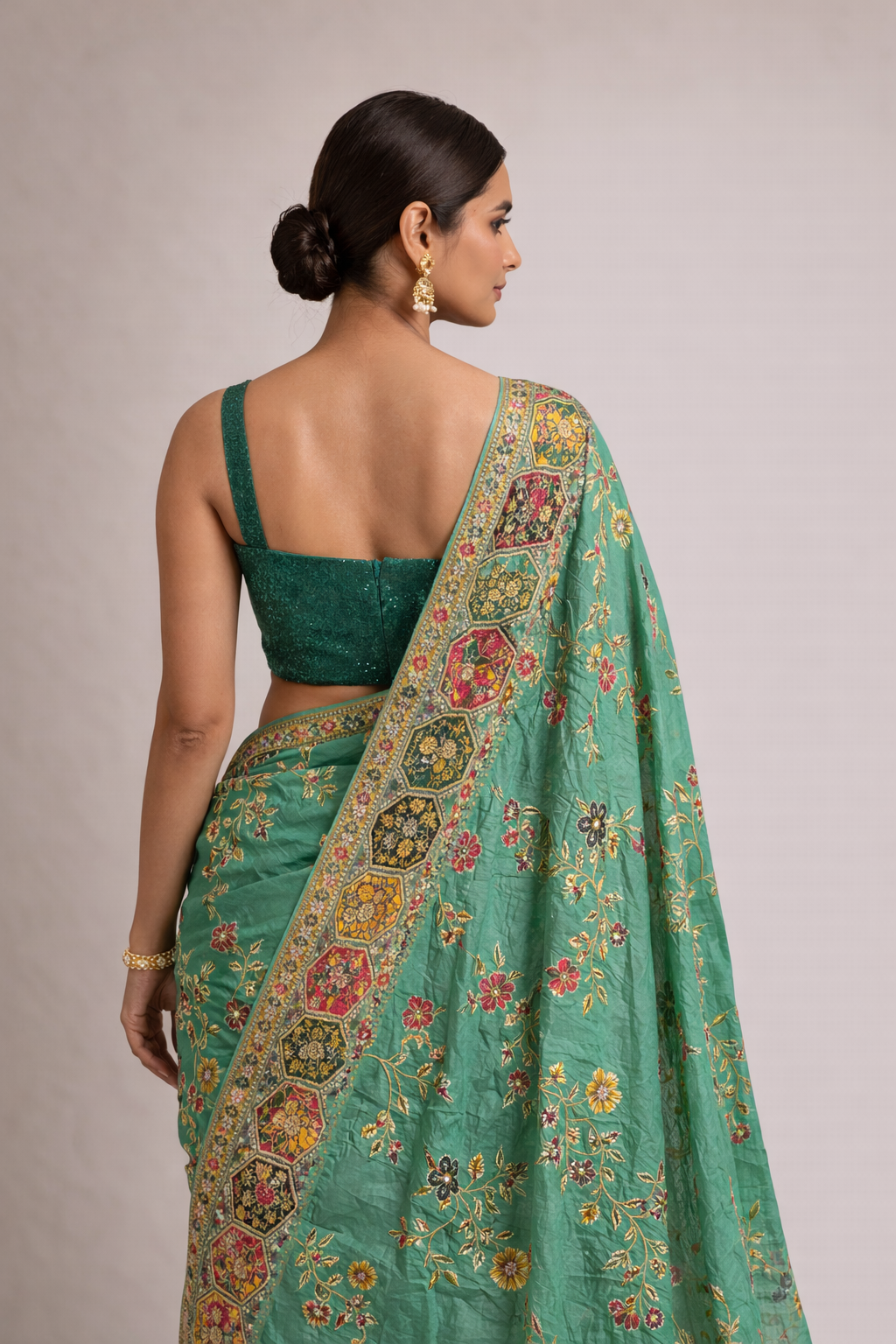 Teal Green Hand-Embellished Saree
