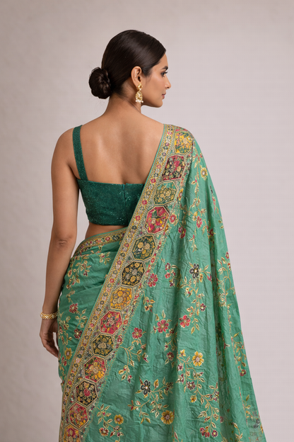 Teal Green Hand-Embellished Saree