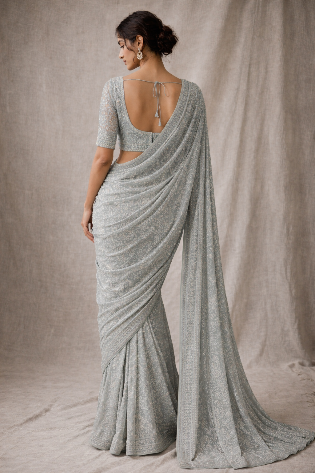 Powder Blue Hand-Embroidered Saree