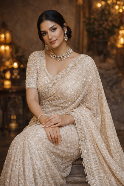 Ivory Hand-Embellished Net Saree