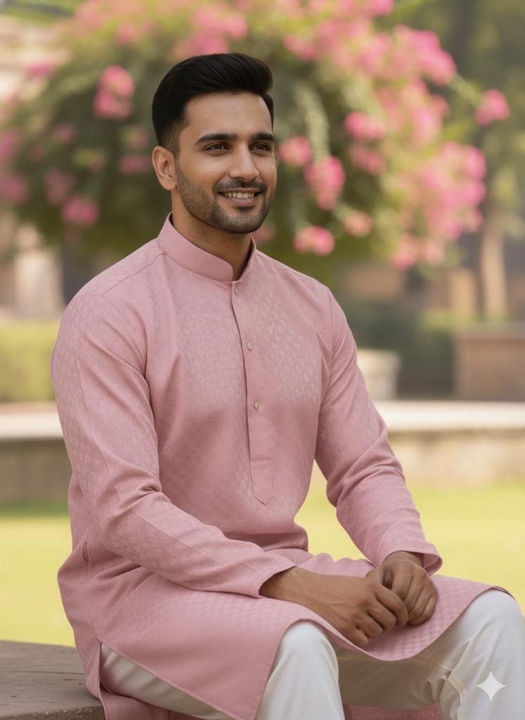 Men's Sophisticated Rose Pink Self-Design Kurta Set