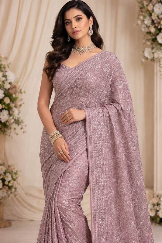 Mauve-Pink Hand-Embroidered Paisley Saree