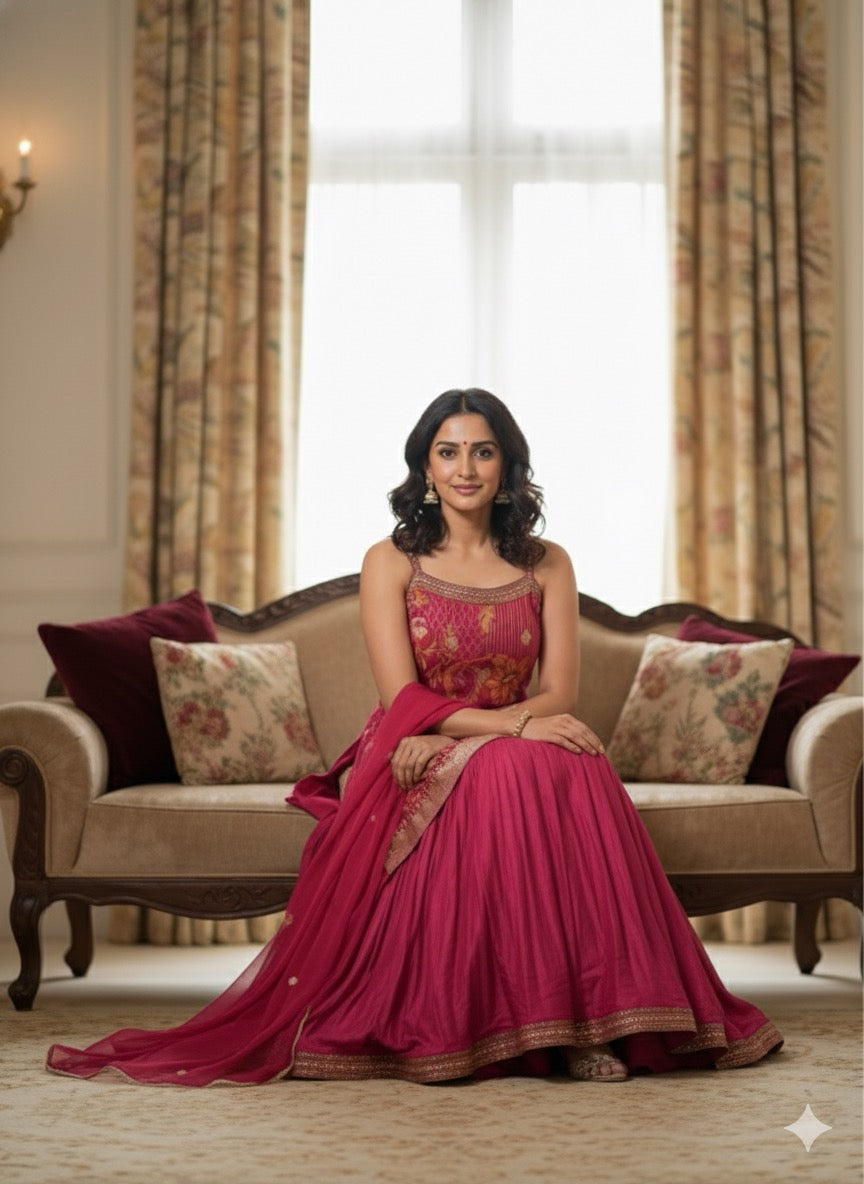 Pink Brocade Kurti &amp; Flared Sharara Set