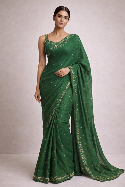 Emerald Green Hand-Embellished Saree