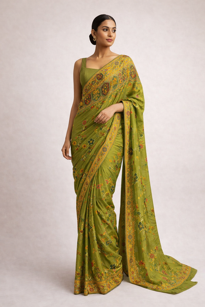 Olive Green Embroidered Saree