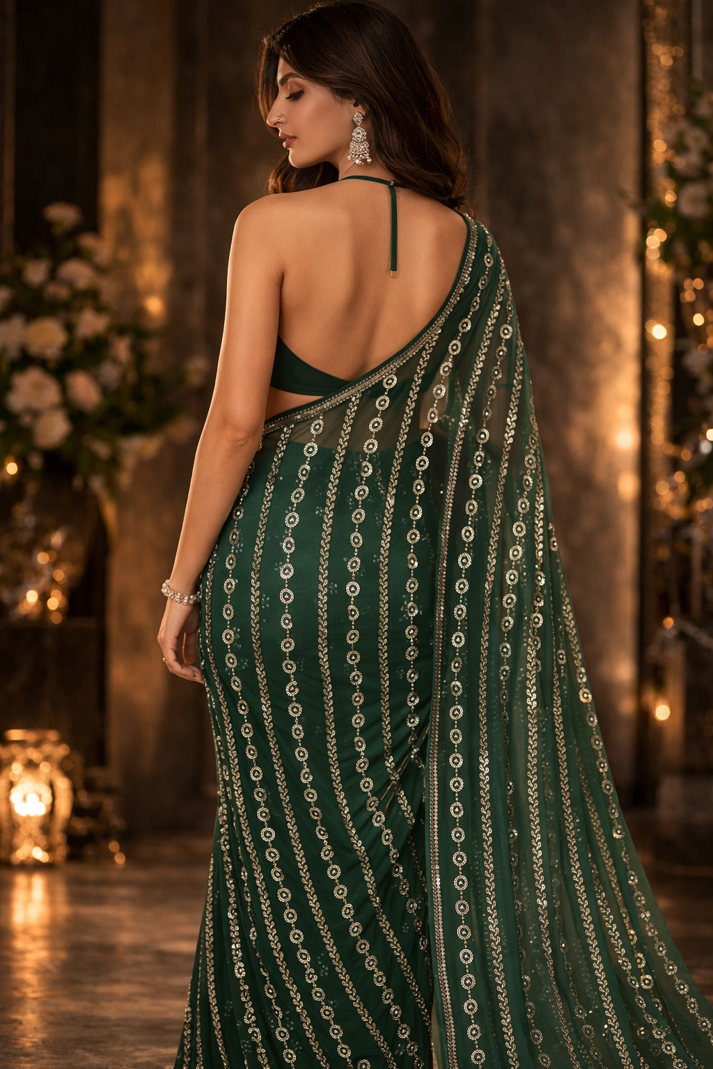 Emerald Sequin Net Saree
