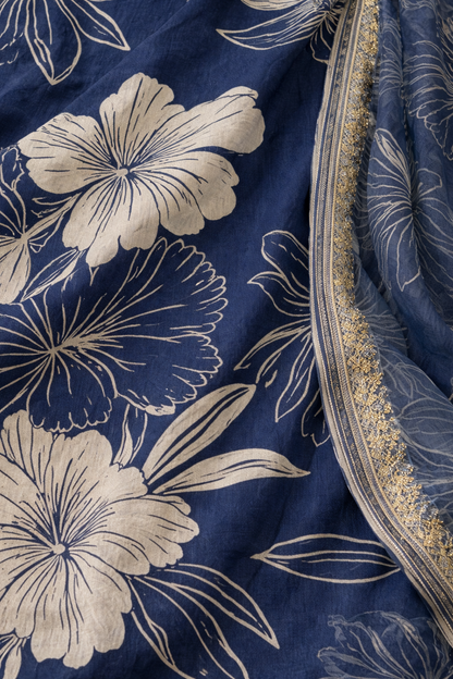 Dark Blue Floral Print Suit Set with Dupatta