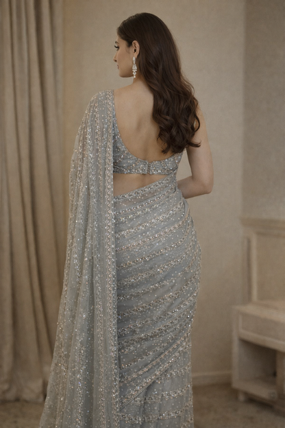 Baby Blue Hand-Embellished Net Saree