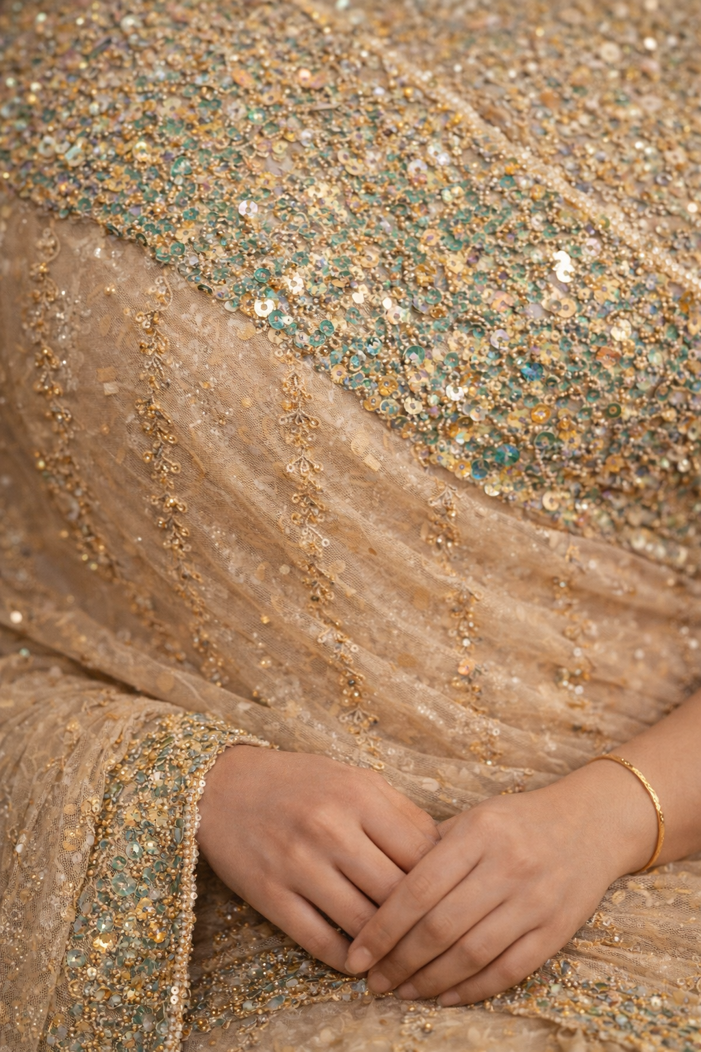 Champagne Sequin Embellished Net Saree