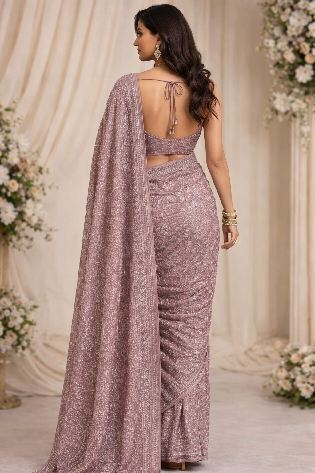 Mauve-Pink Hand-Embroidered Paisley Saree