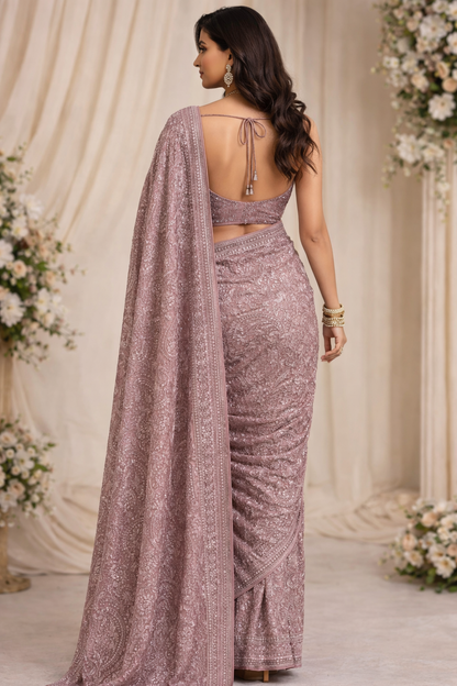 Mauve-Pink Hand-Embroidered Paisley Saree